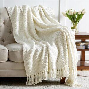Cream Throw Blankets for Couch - Textured Chunky Knit Woven Chenille